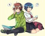  1boy 1girl ? blue_eyes blue_hair brown_hair enoki_nai glasses headphones ikushima_sora notebook red_eyes school_uniform shinomiya_yuuki short_hair tokyo_xanadu 