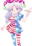  1girl absurdres american_flag_legwear american_flag_shirt amo blue_eyes blush clownpiece clownpiece_(cosplay) hat highres jester_cap long_hair lunatic_gun open_mouth pantyhose silver_hair solo sweat touhou yagokoro_eirin 