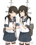  2girls anchor artist_name black_hair blush braid chain collarbone dated grey_eyes hair_over_shoulder holding_hand isonami_(kantai_collection) jewelry kantai_collection kawashina_(momen_silicon) long_hair looking_at_viewer machinery multiple_girls pleated_skirt ring school_uniform serafuku short_sleeves simple_background single_braid skirt twin_braids uranami_(kantai_collection) wedding_band white_background 