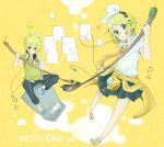  blue_eyes broom broomstick hair_ornament hair_ribbon hairclip headphones kadokoa kagamine_len kagamine_rin koa_(pixiv) necktie ribbon short_hair siblings skirt smile tongue twins vocaloid 