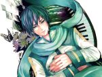  blue_eyes blue_hair butterfly flower headset instrument kaito male piano piyokichi scarf solo vocaloid 
