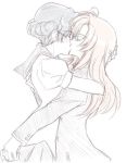  closed_eyes himemiya_anthy hug kiss long_hair lowres multiple_girls mutual_yuri pink_hair purple_hair school_uniform serafuku short_hair shoujo_kakumei_utena simple_background sketch tenjou_utena yuri 