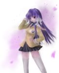  clannad fujibayashi_kyou hand_on_hip long_hair miyabino_kohaku purple_hair school_uniform thigh-highs violet_eyes 