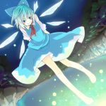  &gt;:) arms_behind_back barefoot blue_eyes blue_hair bow cirno colored_eyelashes d-tline dutch_angle eyelashes fireflies hair_bow highres ko-&gt;u lake light smile solo touhou wings 