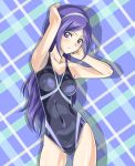  aono_miki argyle argyle_background armpits arms_behind arms_behind_back arms_up bare_shoulders blue_eyes competition_swimsuit fresh_precure! fresh_pretty_cure! hairband long_hair muhi11234 one-piece_swimsuit precure pretty_cure purple_hair swimsuit tartan 