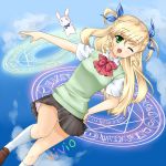  bad_id blonde_hair blush bowtie bunny cloud clouds floating green_eyes hair_ribbon hand_on_hip kneehighs loafers magic_circle mahou_shoujo_lyrical_nanoha mahou_shoujo_lyrical_nanoha_strikers mahou_shoujo_lyrical_nanoha_vivid open_mouth rabbit ribbon sacred_heart shoes sky smile socks thigh_gap twintails vivio wink 