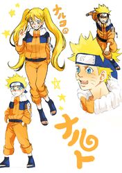  blonde_hair blue_eyes blush dual_persona genderswap iku kunai long_hair male naruko naruto short_hair twintails uzumaki_naruto v weapon 