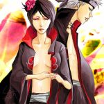  akatsuki_(naruto) black_hair breasts cloak duo fanart female flower hair_flower konan lipstik male naruto pein piercing shirtless short_hair white_hair 