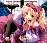  bare_shoulders bed blonde_hair blue_eyes bow choker cup curtains dress flower frills hair_bow hair_ribbon hand_on_ear headphones highres kanojo_tachi_no_ryuugi long_hair lying miyama-zero music_box pitcher ribbon rose shirogane_tobari sitting smile solo sunlight table teacup thigh-highs thighhighs twintails upskirt wide_sleeves window 