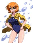  coat collarbone green_eyes gym_leader hands_on_hips kasumi_(pokemon) large_breasts one-piece one-piece_swimsuit orange_hair pokemon satsuki_imonet short_hair simple_background solo swimsuit swimsuit_under_clothes white_background 