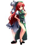  2girls back-to-back back_to_back braid china_dress chinadress chinese_clothes hat hong_meiling izayoi_sakuya long_hair multiple_girls red_eyes red_hair redhead shin_(new) simple_background touhou twin_braids white_hair 