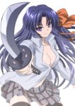  breasts cleavage kurugaya_yuiko little_busters!! long_hair lowres midori_(searchlight) plaid plaid_skirt skirt sword tartan thigh-highs thighhighs weapon 