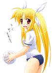  1girl ball blonde_hair blush buruma fate_testarossa gym_uniform hair_ribbon kakitsubata_tsukune long_hair mahou_shoujo_lyrical_nanoha panties pantyshot red_eyes ribbon translated twintails underwear very_long_hair volleyball 