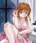  bad_id breasts brown_eyes brown_hair cleavage hands highres long_hair naked_towel original sasaki_toshiyuki smile towel 