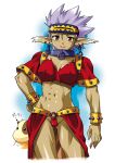  abs breasts brown_eyes chain collar dark_skin darlin_(grandia) earrings grandia grandia_i hand_on_hip jewelry looking_at_viewer milda muscle nal pointy_ears purple_hair short_sleeves smile 