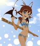  antenna_hair bikini blue_eyes brown_hair earrings face fang flat_chest hands jewelry minigirl oversized_object pointy_ears popsicle smile swimsuit ukke wings 