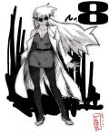  breasts cleavage highres isoroku kamina_shades labcoat large_breasts long_hair monochrome number_eight pantyhose 