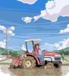 amami_haruka brown_hair cloud clouds farm farmer gloves green_eyes hair_ribbon hat idolmaster mud open_mouth power_lines refine ribbon rice_paddy short_hair sky sleeves_rolled_up smile solo tractor 