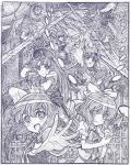  building cirno danmaku fence fighting_stance flandre_scarlet foreshortening full_moon gate graphite_(medium) highres hong_meiling ice izayoi_sakuya laevatein long_hair looking_at_viewer maid monochrome moon night patchouli_knowledge polearm pose purple remilia_scarlet rumia sakino_shingetsu scarlet_devil_mansion short_hair spear spear_the_gungnir the_embodiment_of_scarlet_devil touhou traditional_media weapon wings 