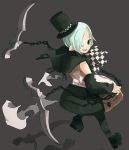  aqua_hair bad_id blue_eyes chain chains detached_sleeves dress hair_over_one_eye hat kusarigama looking_back nekotewi original pointy_ears shadow short_hair sickle top_hat weapon 
