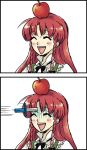  :d apple braid chinadress closed_eyes comic eeyasu food fruit gloom_(expression) hong_meiling knife knifed long_hair open_mouth red_hair redhead ribbon silent_comic smile touhou twin_braids william_tell 