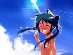  bikini black_hair blush cat_ears closed_eyes cloud clouds fang flat_chest francesca_lucchini grin happy long_hair panties puinyu sky smile strike_witches striped striped_panties swimsuit twintails underwear 