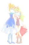  bad_id blonde_hair blue_dress boots closed_eyes dress fenimore hug long_hair miniskirt multiple_girls ponytail shirley_fennes skirt tales_of_(series) tales_of_legendia tears twintails yamato_pochi 