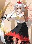  detached_sleeves hat inubashiri_momiji leaf leaves nekomu_shi red_eyes short_hair silver_hair sword tail tokin_hat touhou weapon wolf_ears wolf_tail 