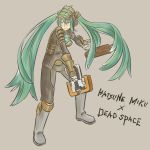  armor bad_id boots cosplay crossover dead_space green_eyes green_hair gun hako_live hatsune_miku isaac_clarke isaac_clarke_(cosplay) long_hair plasma_cutter solo twintails very_long_hair vocaloid weapon 