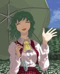  3 closed_eyes cloud clouds field flower flower_field green_hair hands kazami_yuuka open_mouth outstretched_hand parasol pinky_out plaid plaid_skirt plaid_vest short_hair skirt skirt_set sky smile sun-3 touhou tree umbrella wave waving 