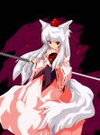  alternate_hair_length alternate_hairstyle animal_ears hat inubashiri_momiji long_hair mask red_eyes seroth silver_hair solo sword tail tokin_hat touhou weapon wolf_ears wolf_tail 