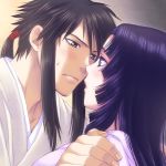  1girl asai_nagamasa azai_nagamasa blush brown_eyes brown_hair couple eye_contact ki_(pixiv239687) lips lipstick oichi ponytail purple_eyes purple_hair robe sengoku_basara violet_eyes 