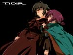  1600x1200 arm_grab brown_hair chloe_(noir) cloak fingerless_gloves gloves noir ponytail purple_hair wallpaper yuumura_kirika 