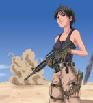  bad_id belt desert explosion fatigues gloves gun holster knife m4_carbine operator rifle smoke tank_top thigh_strap tomoshiki weapon 