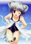  animal_ears blush fang flat_chest highres loli one-piece_swimsuit pink_eyes ryohka ryouka_(suzuya) school_swimsuit short_hair silver_hair smile swimsuit swimsuit_under_clothes tail wink 