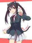  aku animal_ears black_hair blush brown_eyes cat_ears cat_pose highres k-on! long_hair nakano_azusa paw_pose school_uniform skirt solo tail twintails 