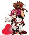  1girl back-to-back baiken blush breasts brown_hair cleavage guilty_gear heart height_difference japanese_clothes kataginu kimono large_breasts momo&amp;a obi pink_eyes pink_hair ponytail sandals sol_badguy toeless_socks wink 