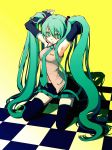  arms_up colored detached_sleeves ginta green_eyes green_hair hatsune_miku highres kneeling long_hair nail_polish necktie skirt thighhighs twintails very_long_hair vocaloid 