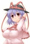  1girl ascot blue_eyes bust capelet hat impossible_clothes impossible_shirt large_breasts nagae_iku red_eyes short_hair smile solo touhou yoshi_tama 