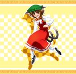  brown_eyes brown_hair cat_ears cat_tail chen earrings hat jewelry multi_tail multiple_tails satou_(sugar) short_hair solo tail touhou 