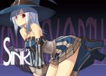  all_fours belt bent_over blush detached_sleeves fantasy_earth_zero hat leaning_forward long_hair red_eyes shingo_(artist) shingo_(missing_link) solo striped witch witch_hat 