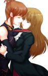  bad_id brown_eyes brown_hair dairisan earrings elbow_gloves fan gloves hair_bun highres hime_cut hug incest jewelry long_hair multiple_girls orange_hair siblings sisters umineko_no_naku_koro_ni ushiromiya_eva ushiromiya_rosa yuri 