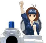  antenna_hair arm_up brown_eyes brown_hair clenched_hands cosplay dominion dominion_tank_police frown gloves headphones hidaka_ai idolmaster leona_ozaki leona_ozaki_(cosplay) military military_vehicle parody police police_uniform raised_fist short_hair solo tank uniform vehicle 