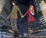  cityscape coat hand_holding higashi_no_eden holding_hands hyaku morimi_saki night night_sky photo_background scarf sky takizawa_akira 
