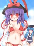 blue_hair breasts hat hinanawi_tenshi innertube large_breasts nagae_iku one-piece_swimsuit purple_hair red_eyes ry school_swimsuit side-tie_bikini swimsuit touhou