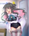  1girl black_hair blue_ribbon blush bow breast_hold breasts chair cleavage curtains em_s fang female hair_bow hair_ribbon highres kantai_collection locker_room long_hair long_sleeves looking_at_viewer multicolored_hair naganami_(kantai_collection) neck_ribbon open_clothes open_mouth open_shirt pantyhose pantyhose_removed pink_hair purple_legwear ribbon school_swimsuit school_uniform shirt solo surprised swimsuit swimsuit_under_clothes undressing white_shirt window yellow_bow yellow_eyes 
