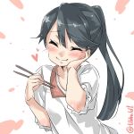  1girl bangs black_hair blush chopsticks closed_eyes closed_mouth collarbone ebifurya eyebrows eyebrows_visible_through_hair hair_between_eyes hand_on_own_cheek hand_up heart highres holding houshou_(kantai_collection) kantai_collection long_hair ponytail simple_background smile solo twitter_username upper_body white_background 