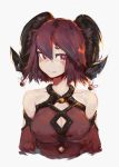  1girl bell cleavage_cutout deel_(rkeg) detached_sleeves halterneck highres horns original red_eyes red_shirt redhead shirt short_hair simple_background solo upper_body white_background 