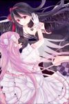  2girls akemi_homura akuma_homura argyle argyle_legwear black_gloves black_hair black_wings blurry choker depth_of_field dress elbow_gloves gloves goddess_madoka hair_ribbon hairband hand_on_another&#039;s_cheek hand_on_another&#039;s_face highres huziko_xxxx kaname_madoka light_smile long_hair looking_at_another mahou_shoujo_madoka_magica mahou_shoujo_madoka_magica_movie multiple_girls red_eyes red_ribbon ribbon see-through thigh-highs two_side_up very_long_hair white_dress white_gloves white_wings wings zettai_ryouiki 