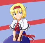  1girl alice_margatroid blonde_hair blue_eyes blush book breasts capelet dress hairband lolita_fashion lolita_hairband looking_to_the_side manorea medium_breasts sash short_hair smile solo striped striped_background touhou 
